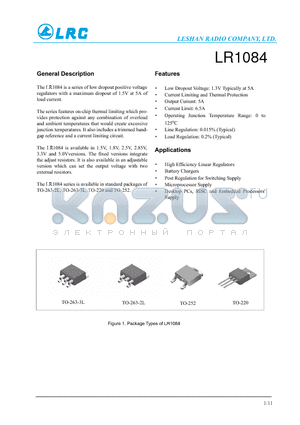 LR1084 datasheet - Current Limiting and Thermal Protection Battery Chargers