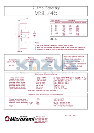 MSL245 datasheet - 2 Amp Schottky