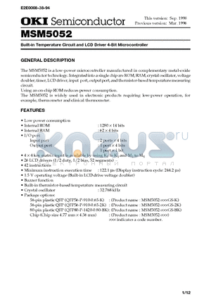 MSM5052-XXX datasheet - Built-in Temperature Circuit and LCD Driver 4-Bit Microcontroller