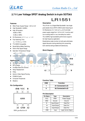 LR1551 datasheet - 2.7 Low Voltage SPDT Analog Switch in 6-pin SOT363