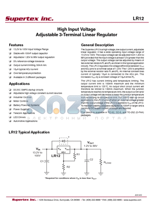 LR12LG-G datasheet - High Input Voltage Adjustable 3-Terminal Linear Regulator