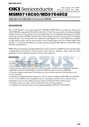 MSM5718C50 datasheet - 18Mb (2M x 9) & 64Mb (8M x 8) Concurrent RDRAM