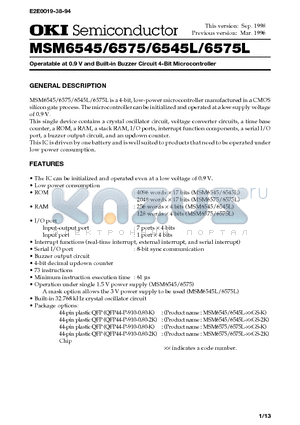 MSM6545-XXGS-K datasheet - Operatable at 0.9 V and Built-in Buzzer Circuit 4-Bit Microcontroller