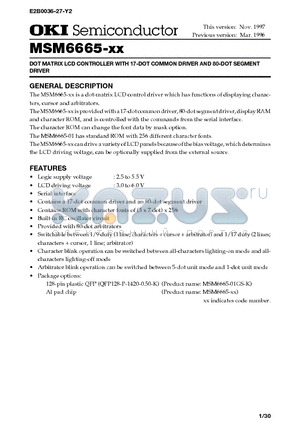 MSM6665 datasheet - DOT MATRIX LCD CONTROLLER WITH 17-DOT COMMON DRIVER AND 80-DOT SEGMENT DRIVER