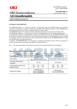 MSM6688L datasheet - ADPCM Solid-State Recorder IC