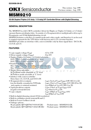 MSM9210 datasheet - 32-Bit Duplex/Triplex (1/2 duty / 1/3 duty) VF Controller/Driver with Digital Dimming