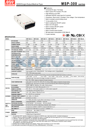 MSP-300-12 datasheet - 300W Single Output Medical Type