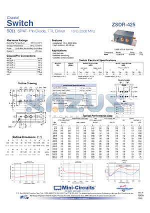 ZSDR-425 datasheet - 50ohm SP4T Pin Diode, TTL Driver 10 to 2500 MHz
