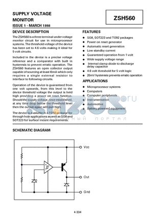 ZSH560N8 datasheet - SUPPLY VOLTAGE MONITOR