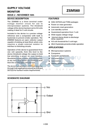 ZSM560 datasheet - SUPPLY VOLTAGE MONITOR