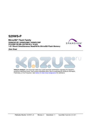 S29WS128PABBAW000 datasheet - MirrorBit^ Flash Family 512/256/128 Mb (32/16/8 M x 16 bit) 1.8 V Burst Simultaneous Read/Write MirrorBit Flash Memory