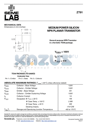ZT91_01 datasheet - MEDIUM POWER SILICON NPN PLANAR TRANSISTOR