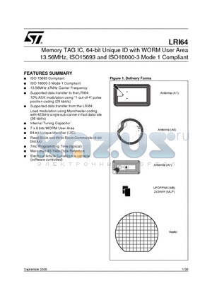 LRI64-W4/XXX datasheet - Memory TAG IC, 64-bit Unique ID with WORM User Area 13.56MHz, ISO15693 and ISO18000-3 Mode 1 Compliant