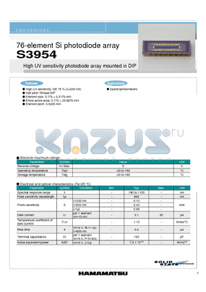 S3954 datasheet - 76-element Si photodiode array High UV sensitivity photodiode array mounted in DIP