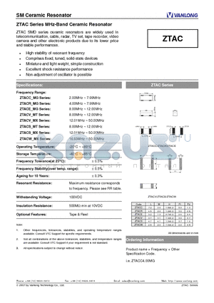 ZTAC datasheet - MHz-Band Ceramic Resonator