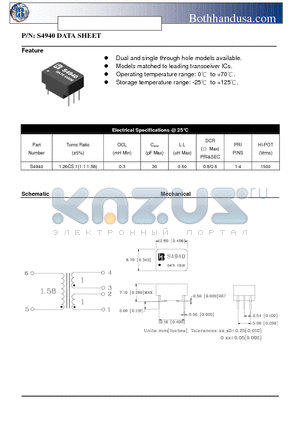 S4940 datasheet - T1/CEPT/ISDN-PRI TRANSFORMER