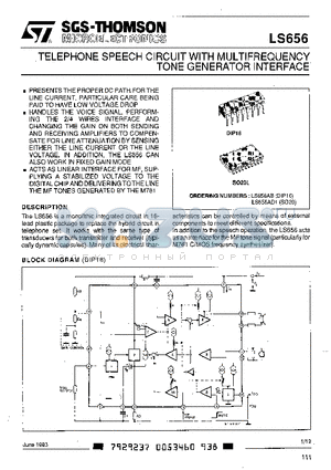 LS656AB datasheet - TELEPHONE SPEECH CIRCUIT WITH MULTIFREQUENCY TONE GENERATOR INTERFACE