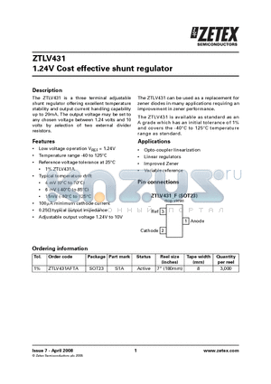 ZTLV431 datasheet - 1.24V Cost effective shunt regulator