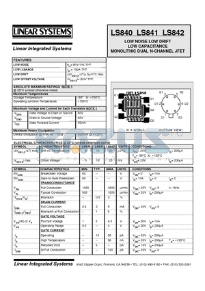 LS840-2 datasheet - LOW NOISE LOW DRIFT LOW CAPACITANCE MONOLITHIC DUAL N-CHANNEL JFET