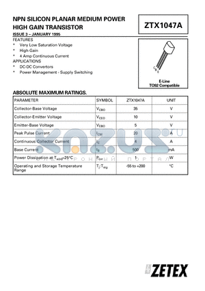 ZTX1047A datasheet - NPN SILICON PLANAR MEDIUM POWER HIGH GAIN TRANSISTOR