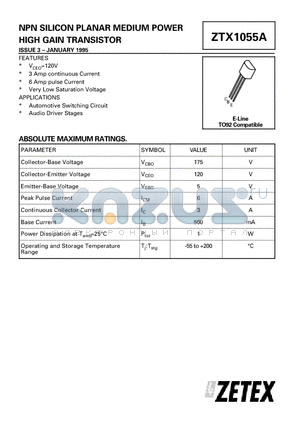 ZTX1055A datasheet - NPN SILICON PLANAR MEDIUM POWER HIGH GAIN TRANSISTOR