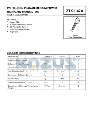 ZTX1147A datasheet - PNP SILICON PLANAR MEDIUM POWER HIGH GAIN TRANSISTOR