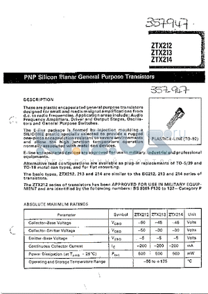 ZTX213 datasheet - PNP SILICON PLANAR GENERAL PURPOSE TRANSISTORS