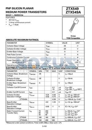 ZTX549 datasheet - PNP SILICON PLANAR MEDIUM POWER TRANSISTORS