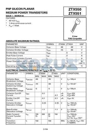 ZTX550 datasheet - PNP SILICON PLANAR MEDIUM POWER TRANSISTORS