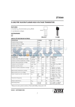 ZTX560 datasheet - E-LINE PNP SILICON PLANAR HIGH VOLTAGE TRANSISTOR