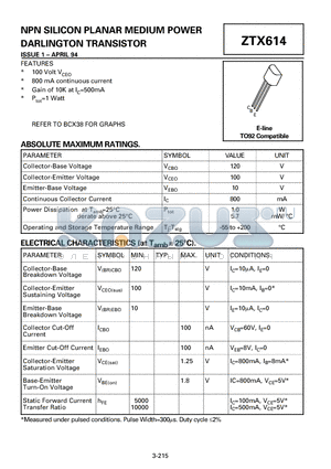 ZTX614 datasheet - NPN SILICON PLANAR MEDIUM POWER DARLINGTON TRANSISTOR