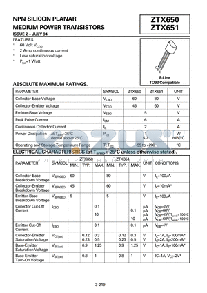 ZTX651 datasheet - NPN SILICON PLANAR MEDIUM POWER TRANSISTORS