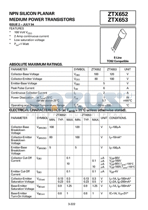 ZTX652 datasheet - NPN SILICON PLANAR(MEDIUM POWER TRANSISTORS)