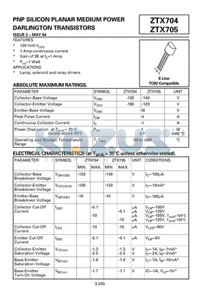 ZTX705 datasheet - PNP SILICON PLANAR MEDIUM POWER DARLINGTON TRANSISTORS