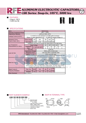 LSK101M2G220350 datasheet - ALUMINUM ELECTROLYTIC CAPACITORS LSK Series: Snap-In, 105C, 5000 hrs