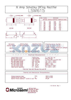 LSM615 datasheet - 6 Amp Schottky ORING Rectifier