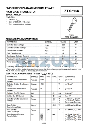 ZTX796A datasheet - PNP SILICON PLANAR MEDIUM POWER HIGH GAIN TRANSISTOR