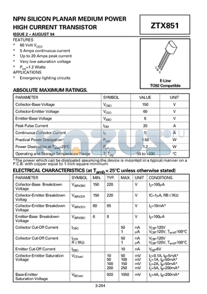 ZTX851 datasheet - NPN SILICON PLANAR MEDIUM POWER HIGH CURRENT TRANSISTOR