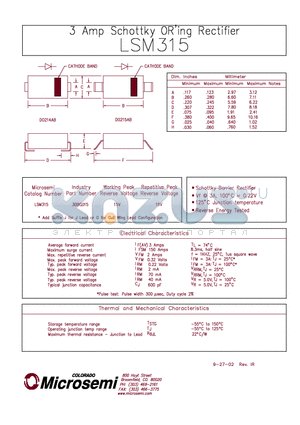 LSM315 datasheet - 3 AMP SCHOTTKY ORING RECTIFIER
