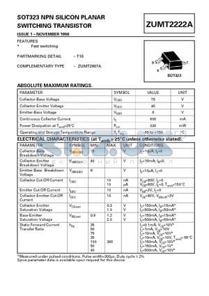 ZUMT2222A datasheet - SOT323 NPN SILICON PLANAR SWITCHING TRANSISTOR