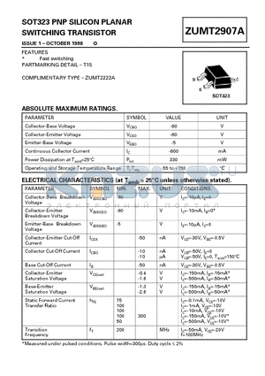 ZUMT2907A datasheet - SOT323 PNP SILICON PLANAR SWITCHING TRANSISTOR