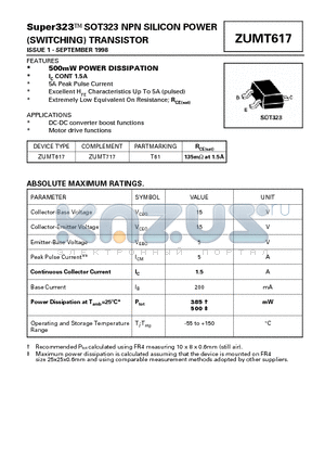 ZUMT617 datasheet - NPN SILICON POWER (SWITCHING) TRANSISTOR