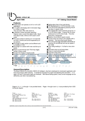 MSSW003 datasheet - 14 Talking Clock/Watch