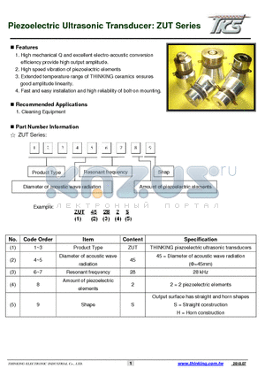 ZUT45282S datasheet - Piezoelectric Ultrasonic Transducer