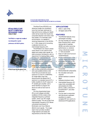 MT2022 datasheet - RF SILICON AND SUBSYSTEMS SOLUTIONS FOR BROADBAND COMMUNICATIONS AND AUTOMOTIVE ELECTRONICS