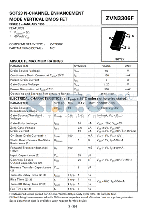 ZVN3306F datasheet - SOT23 N-CHANNEL ENHANCEMENT MODE VERTICAL DMOS FET