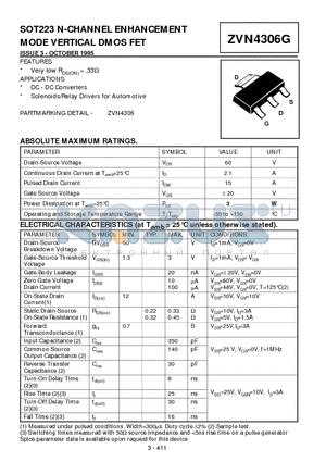 ZVN4306G datasheet - SOT223 N-CHANNEL ENHANCEMENT MODE VERTICAL DMOS FET