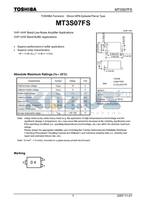 MT3S07FS datasheet - VHF~UHF Band Low-Noise Amplifier Applications