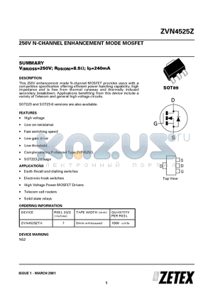 ZVN4525Z datasheet - 250V N-CHANNEL ENHANCEMENT MODE MOSFET