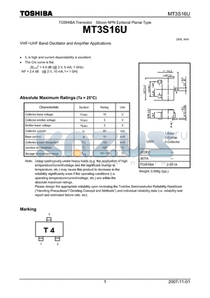 MT3S16U datasheet - VHF~UHF Band Oscillator and Amplifier Applications